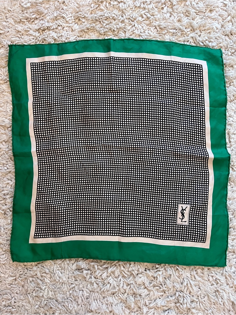 Vintage Yves Saint Laurent Green, Black & White Checkered Silk Scarf - Picture 1 of 2